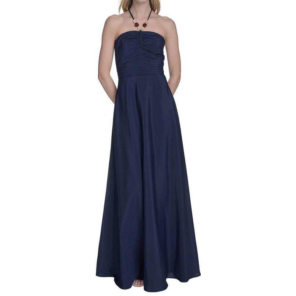 Eliza J Ruched Bodice Beaded Halter A Line Maxi Long Navy Dress Womens 12 NWT